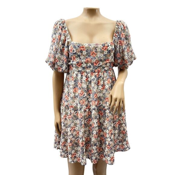 MINKINK Arve Floral Puff Sleeve Mini Dress Open Back Tie Detail Square Neck S - Picture 3 of 12